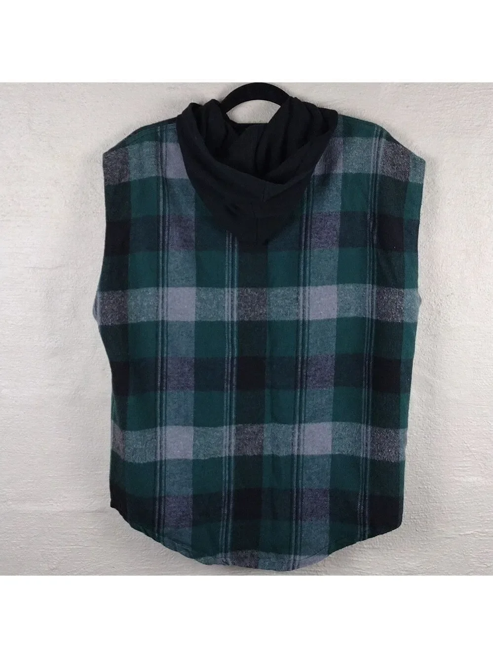 Surf Style Interplanetary Body Gear Green Windowpane Plaid Hooded Snap Up Vest
